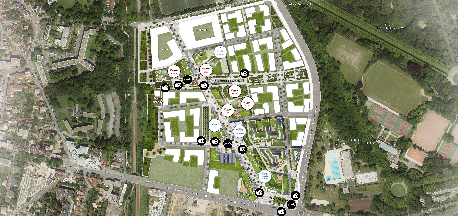 Urban development plan for the district, aerial view. There are primary schools, a high school, a swimming pool and a new residential development with gardens, an urban farm and a planted promenade. Location of the "Botanique", "Cpurc", "Côté Jardin", "Emeraude", "Icone" and "Confidences" projects. Indication of viewpoints (camera icons). Entrance to Parc de Sceaux visible. Avenues de la Division Leclerc and Sully Prudhomme.